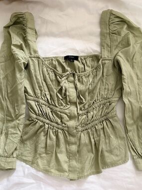 Green Long Puff Sleeve Blouse